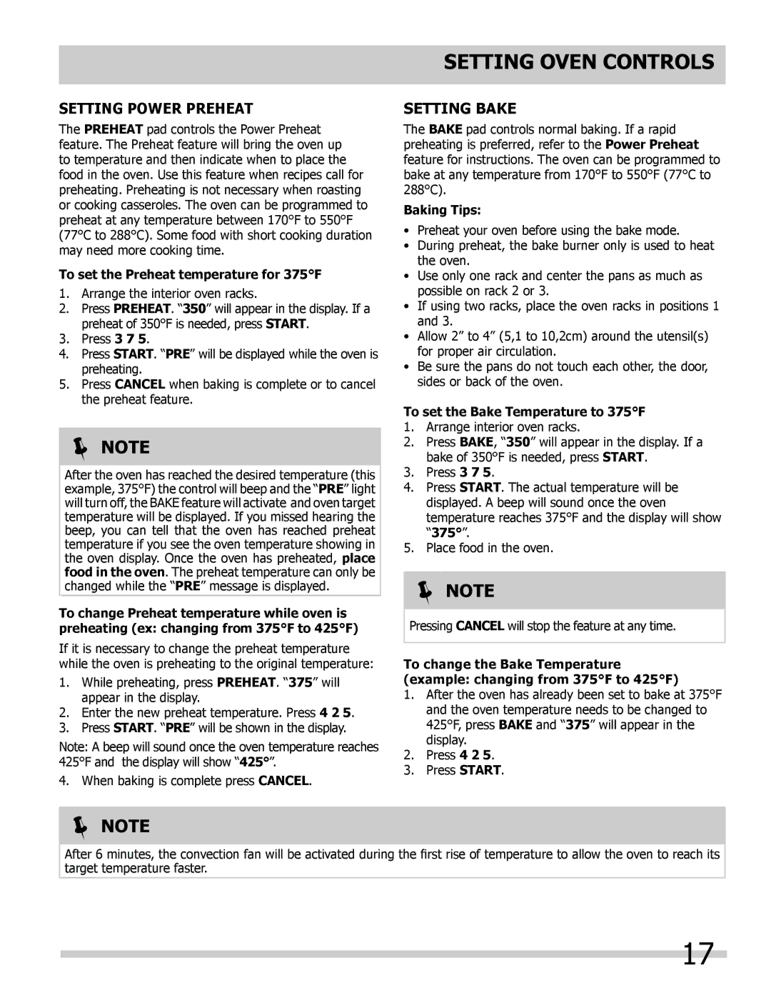 Frigidaire 318205852 manual Setting Power Preheat, Setting Bake, To set the Preheat temperature for 375F, Baking Tips 