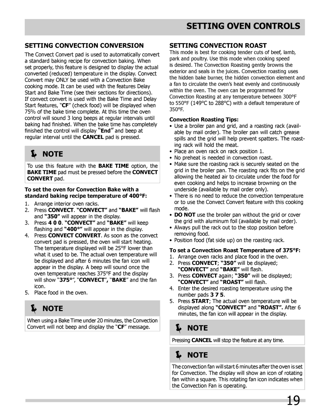 Frigidaire 318205852 manual Setting Convection CONVERsion, Setting Convection Roast, Convection Roasting Tips 