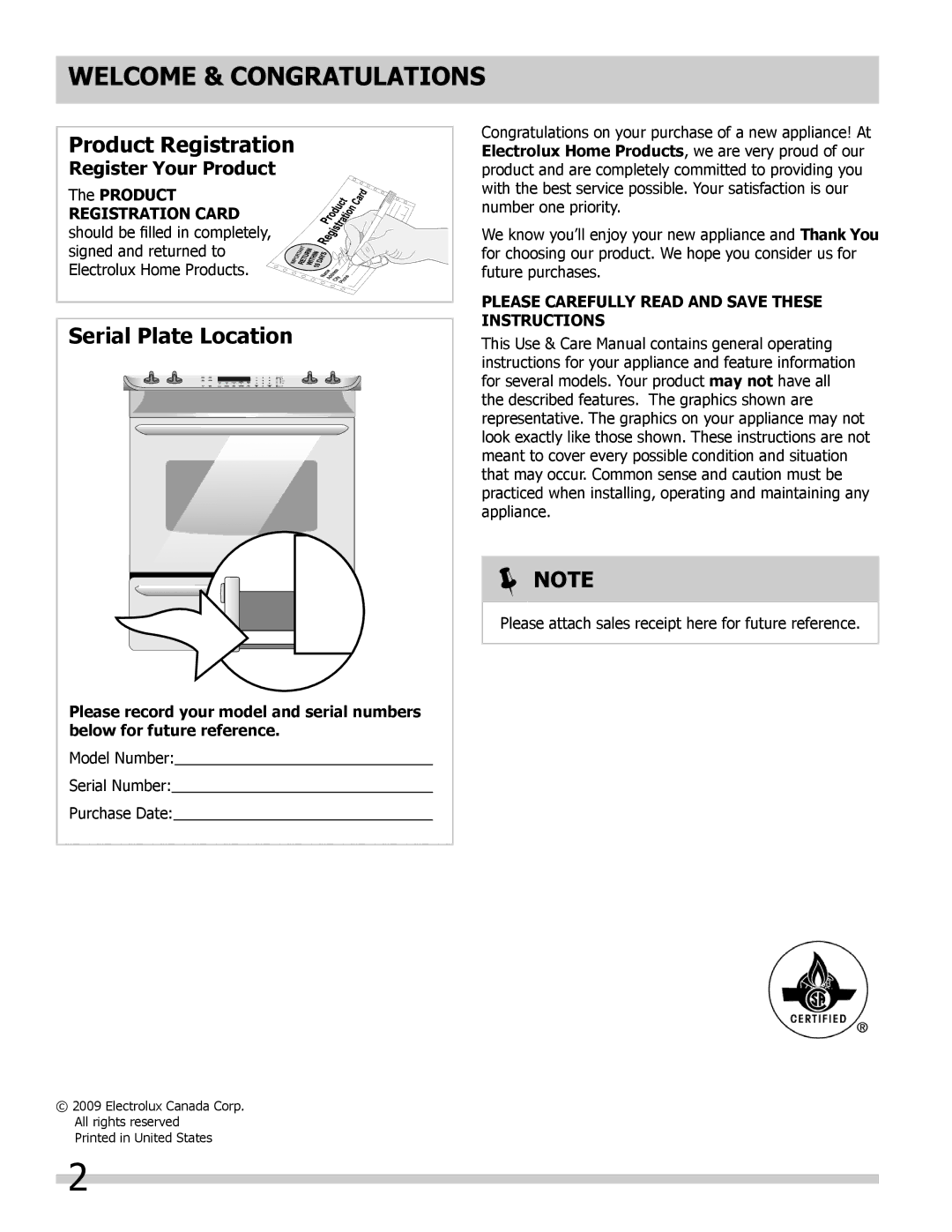 Frigidaire 318205852 Welcome & Congratulations, Register Your Product, Please Carefully read and save these instructions 