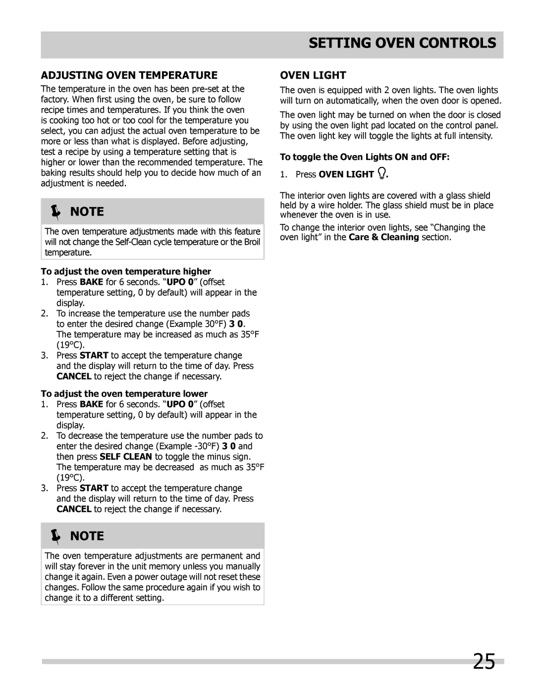 Frigidaire 318205852 manual Adjusting Oven Temperature, Oven light, To adjust the oven temperature higher 