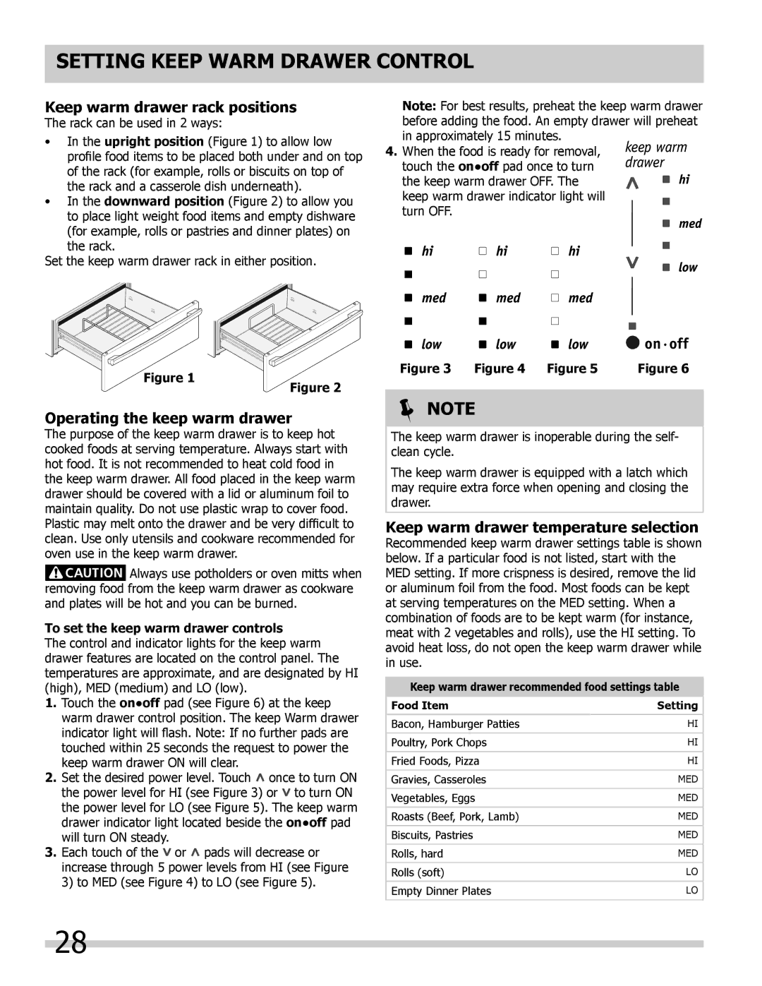 Frigidaire 318205852 Setting keep warm drawer control, Keep warm drawer rack positions, Operating the keep warm drawer 