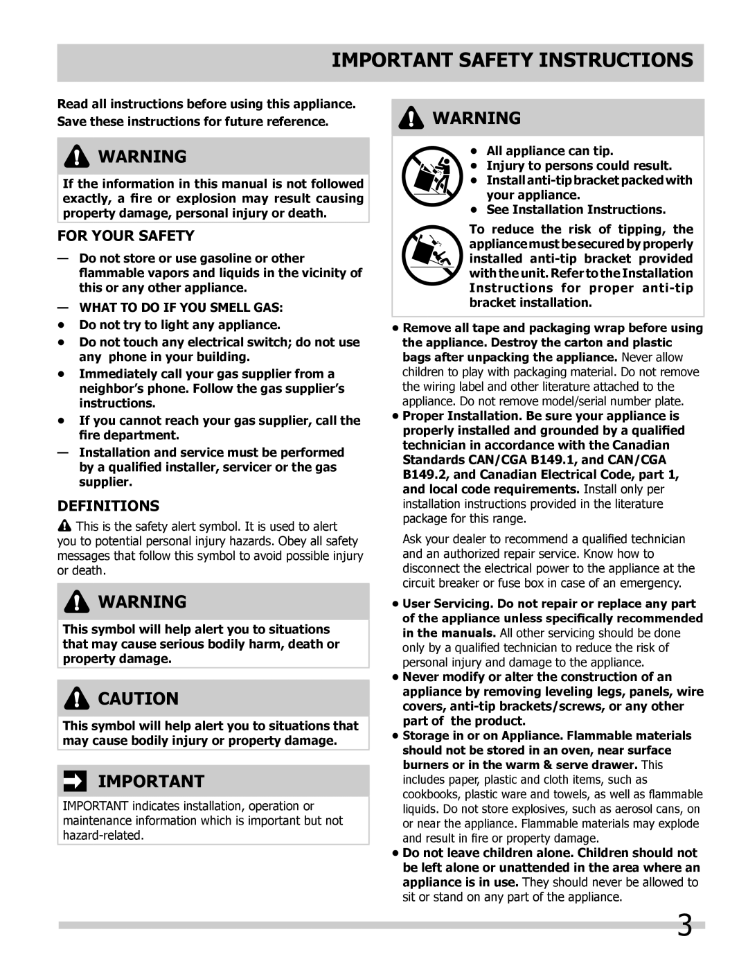 Frigidaire 318205852 manual Important Safety Instructions, For Your Safety, Definitions, What to do if YOU Smell GAS 