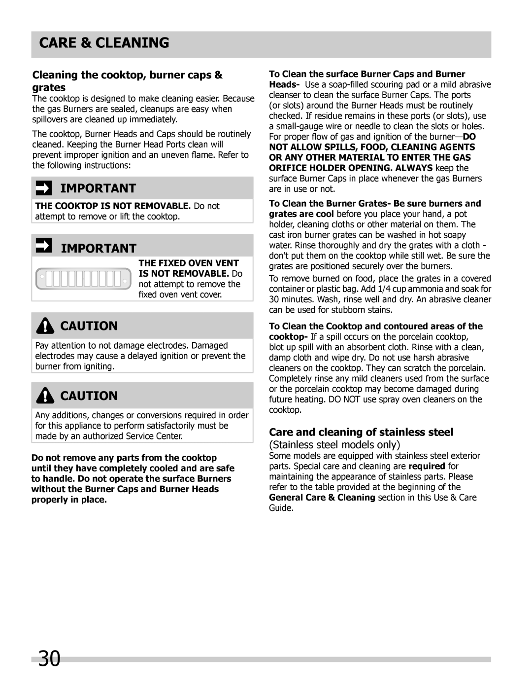 Frigidaire 318205852 Care & Cleaning, Cleaning the cooktop, burner caps & grates, Care and cleaning of stainless steel 