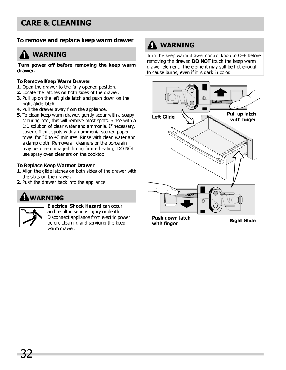 Frigidaire 318205852 To remove and replace keep warm drawer, To Replace Keep Warmer Drawer, Push down latch with finger 