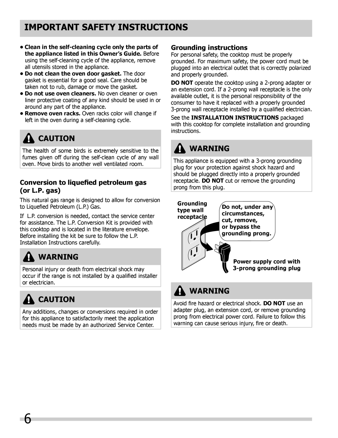 Frigidaire 318205852 manual Conversion to liquefied petroleum gas or L.P. gas, Grounding instructions 