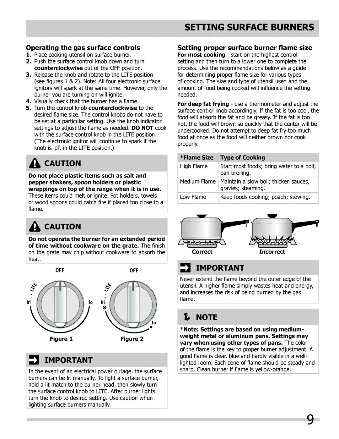 Frigidaire 318205852 Setting surface burners, Operating the gas surface controls, Setting proper surface burner flame size 