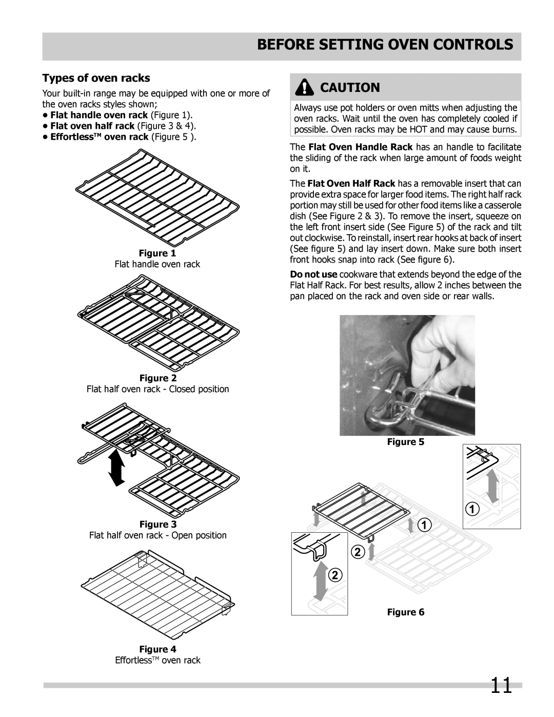 Frigidaire 318205852 manual Types of oven racks, Flat handle oven rack Figure Flat oven half rack Figure 