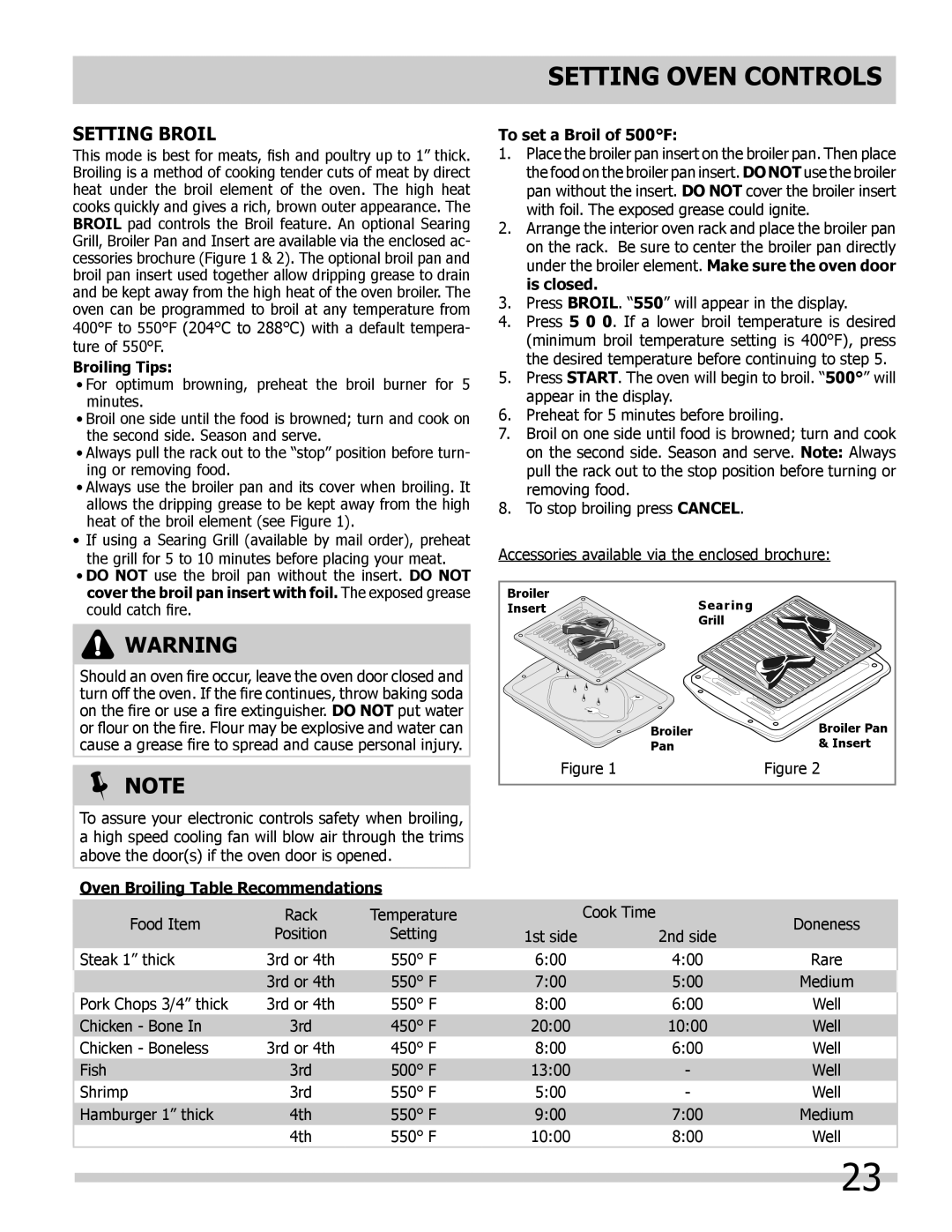 Frigidaire 318205852 Setting Broil, Broiling Tips, Oven Broiling Table Recommendations, To set a Broil of 500F,  Note 