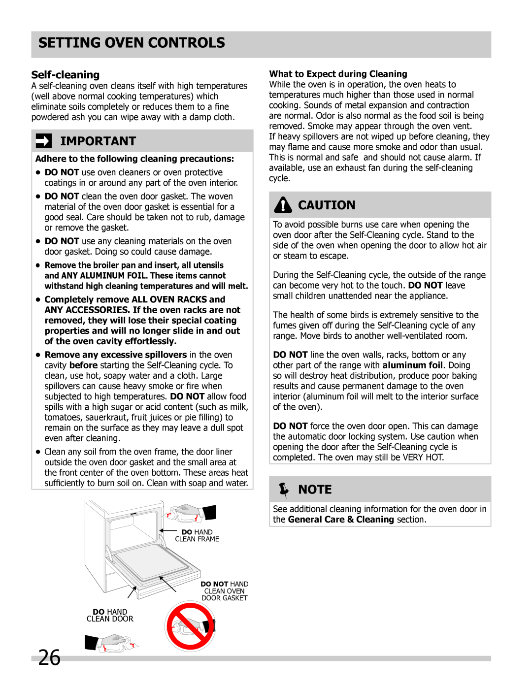 Frigidaire 318205852 Self-cleaning, Adhere to the following cleaning precautions, What to Expect during Cleaning,  Note 