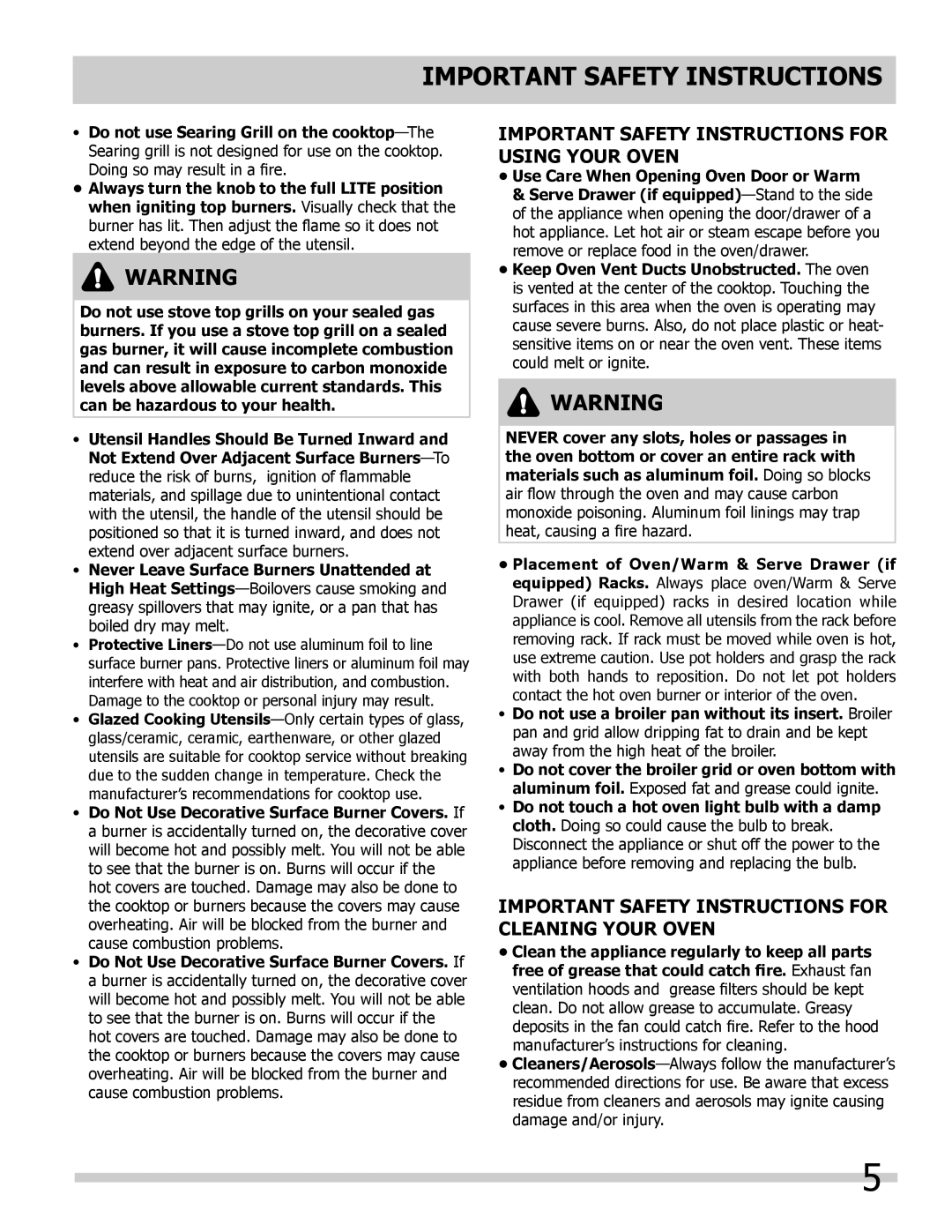 Frigidaire 318205852 manual Important Safety Instructions For Using Your Oven, Never Leave Surface Burners Unattended at 