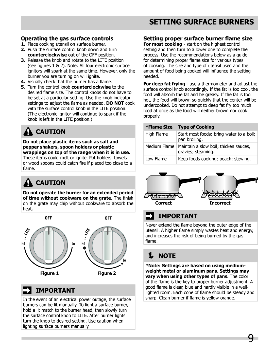 Frigidaire 318205852 setting surface burners, Operating the gas surface controls, Setting proper surface burner flame size 