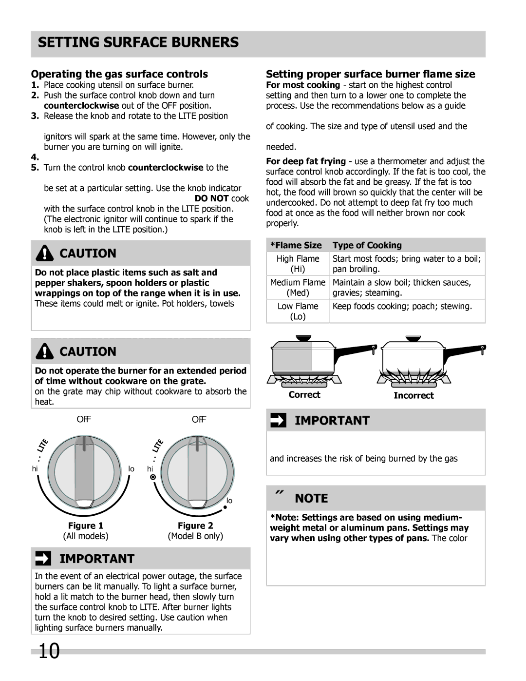 Frigidaire 318205854 Setting surface burners, Operating the gas surface controls, Setting proper surface burner flame size 