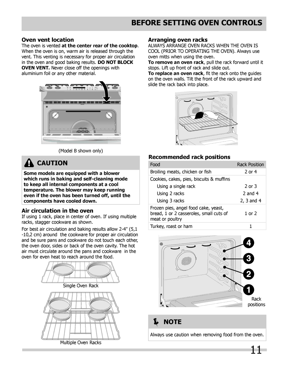 Frigidaire 318205854 Oven vent location, Air circulation in the oven, Arranging oven racks, Recommended rack positions 