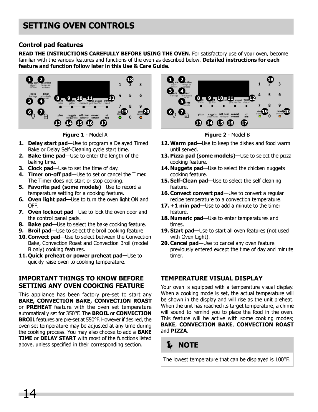 Frigidaire 318205854 manual Setting Oven controls, Control pad features, Temperature Visual Display 