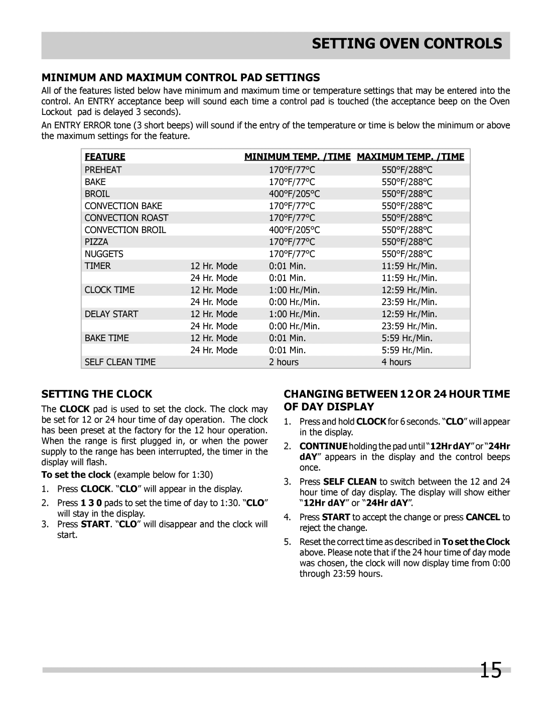 Frigidaire 318205854 manual Minimum and Maximum Control Pad Settings, Setting the Clock 