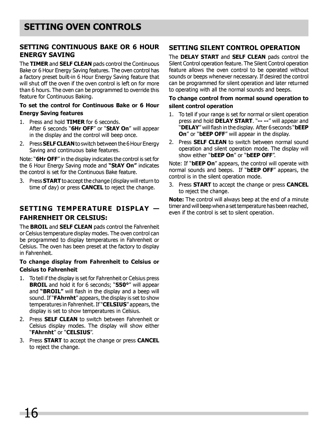 Frigidaire 318205854 Setting Continuous Bake or 6 Hour Energy Saving, Setting Temperature Display Fahrenheit or Celsius 