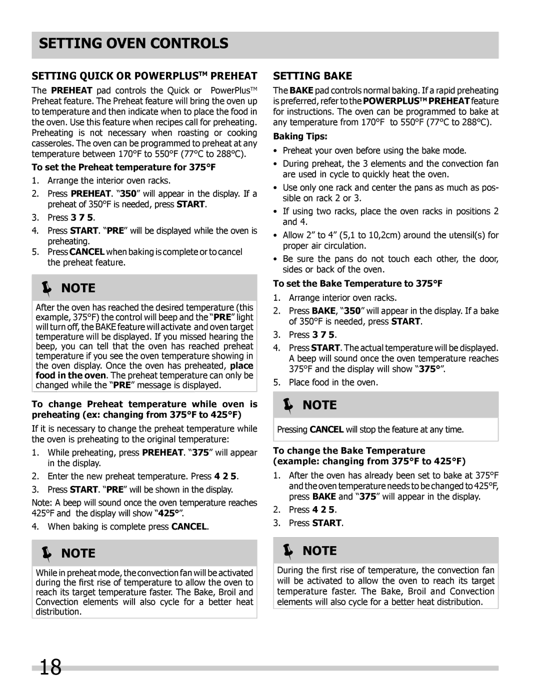 Frigidaire 318205854 manual Setting Quick or Powerplustm Preheat, Setting Bake, To set the Preheat temperature for 375F 