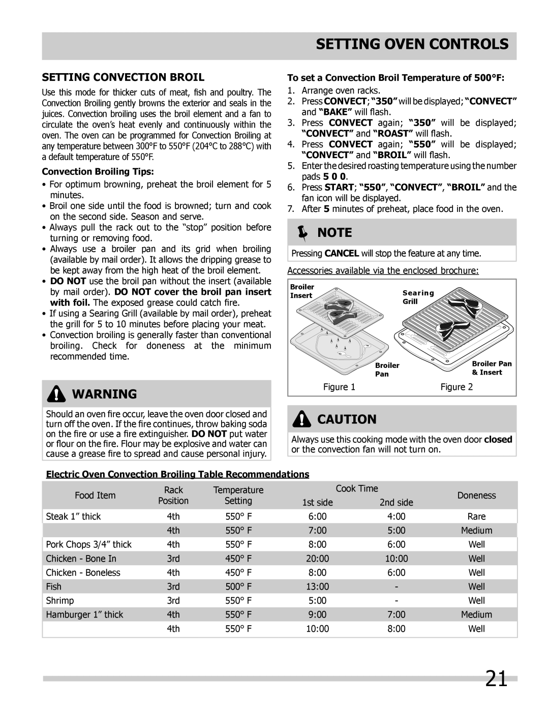 Frigidaire 318205854 Setting Convection Broil, Convection Broiling Tips, To set a Convection Broil Temperature of 500F 