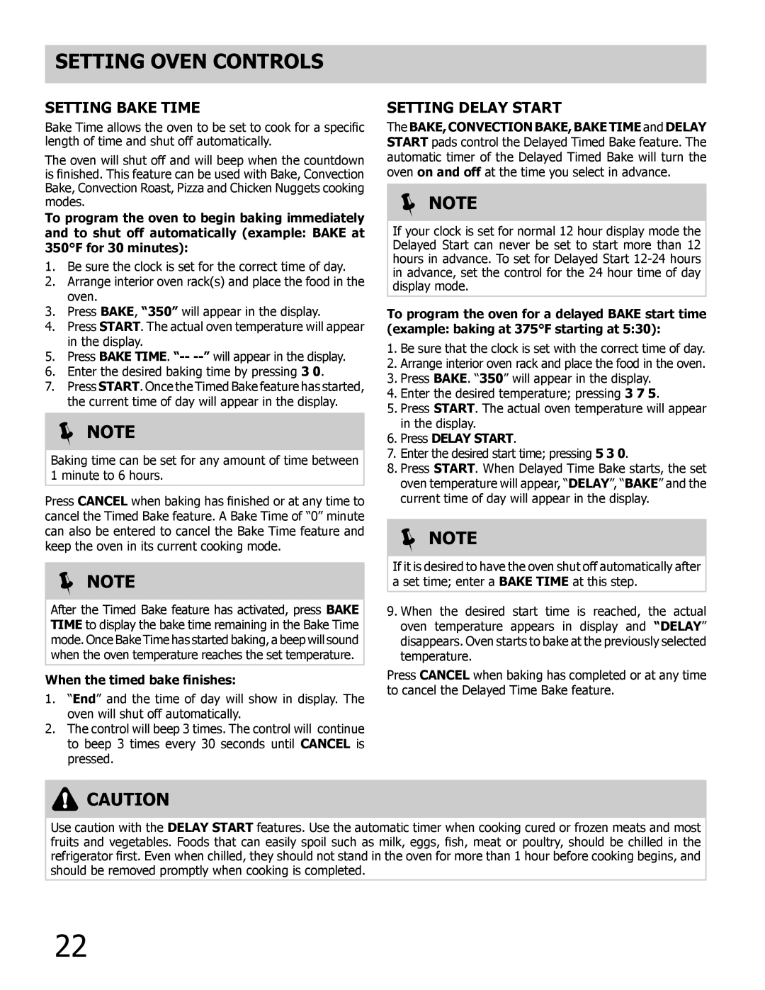 Frigidaire 318205854 manual Setting Bake Time, Setting Delay Start, When the timed bake finishes, Press Delay Start 