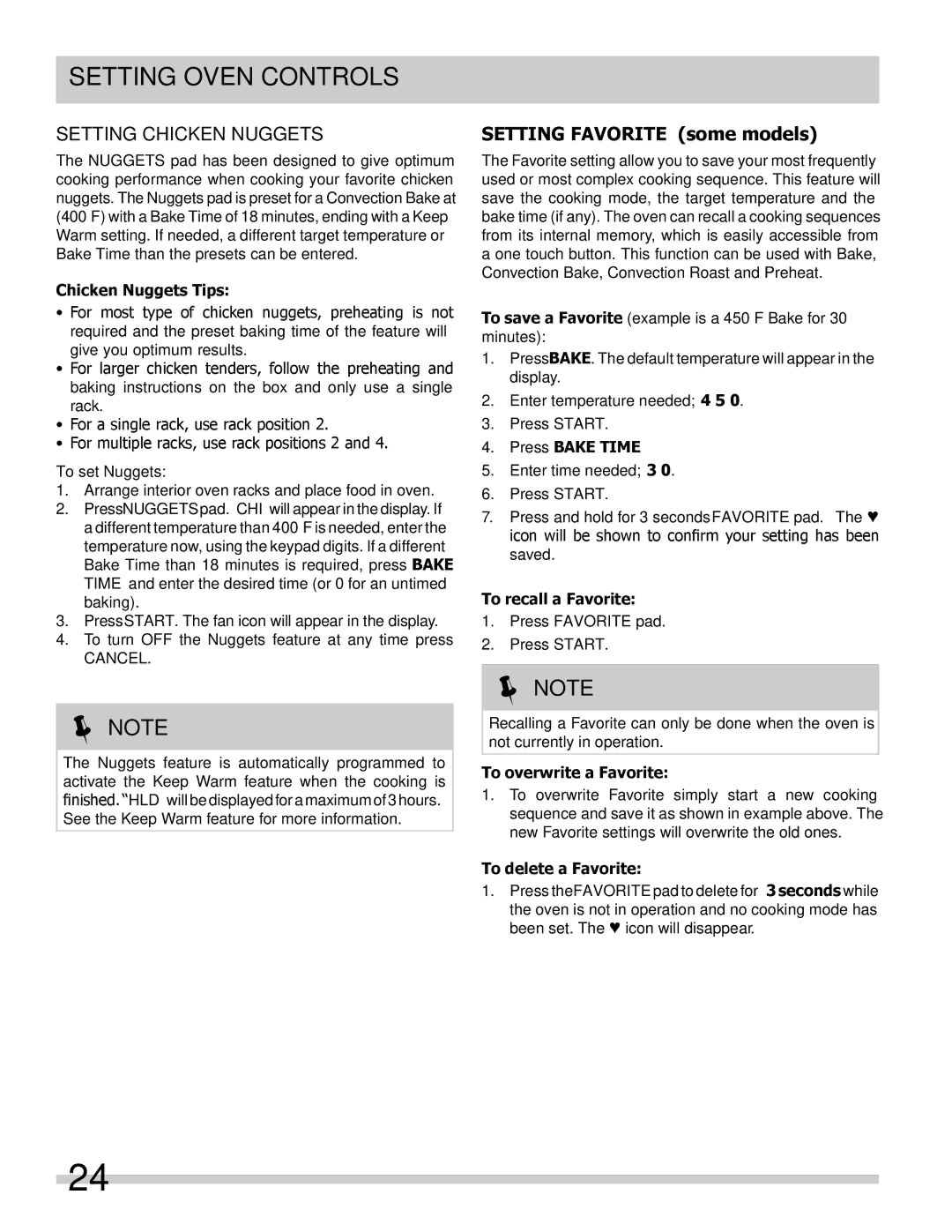 Frigidaire 318205854 manual Setting Chicken Nuggets, Setting Favorite some models 