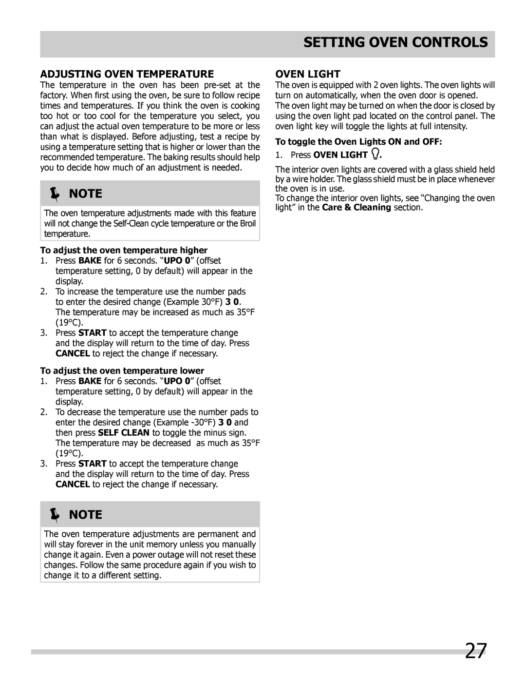 Frigidaire 318205854 manual Adjusting Oven Temperature, Oven light, To adjust the oven temperature higher 