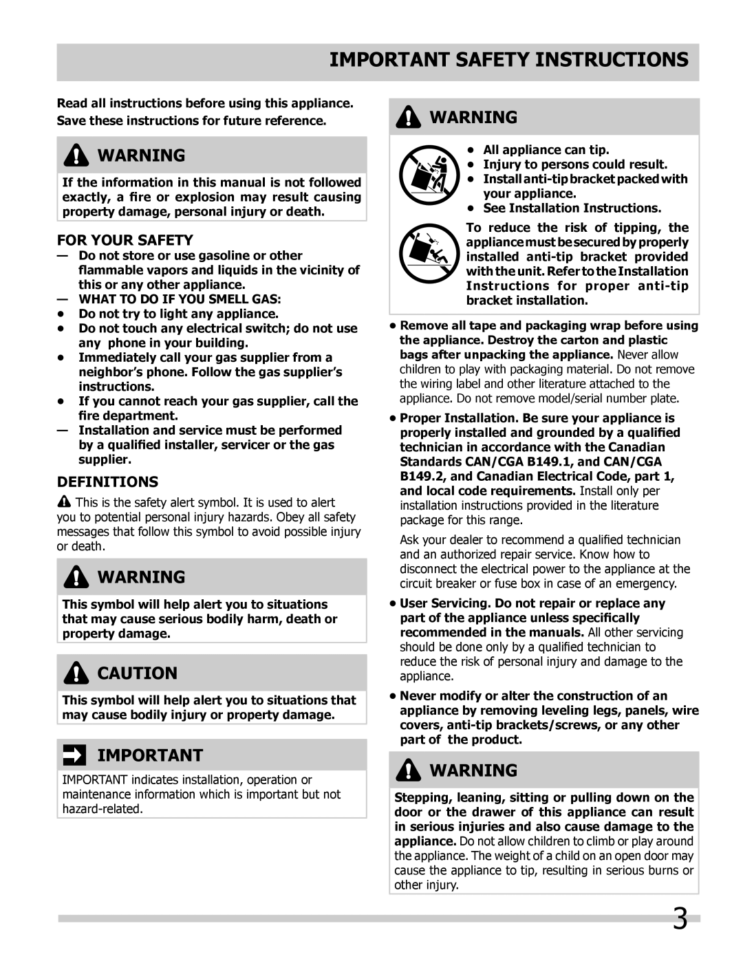 Frigidaire 318205854 manual Important Safety Instructions, For Your Safety, Definitions, What to do if YOU Smell GAS 