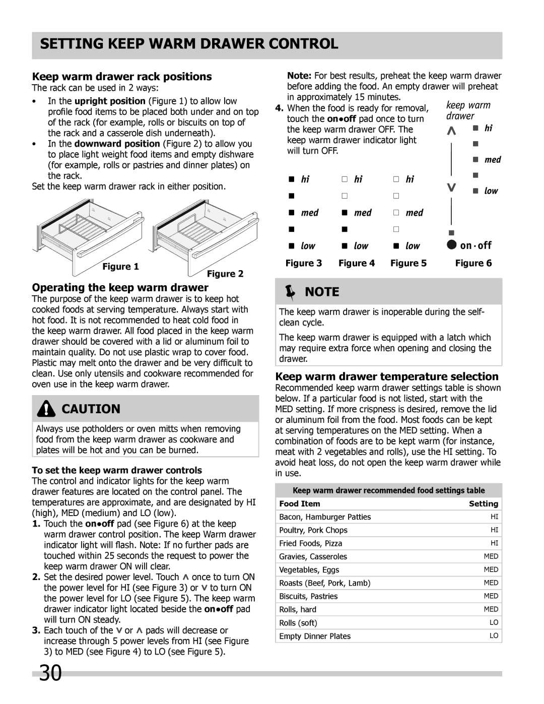 Frigidaire 318205854 Setting Keep warm drawer control, Keep warm drawer rack positions, Operating the keep warm drawer 