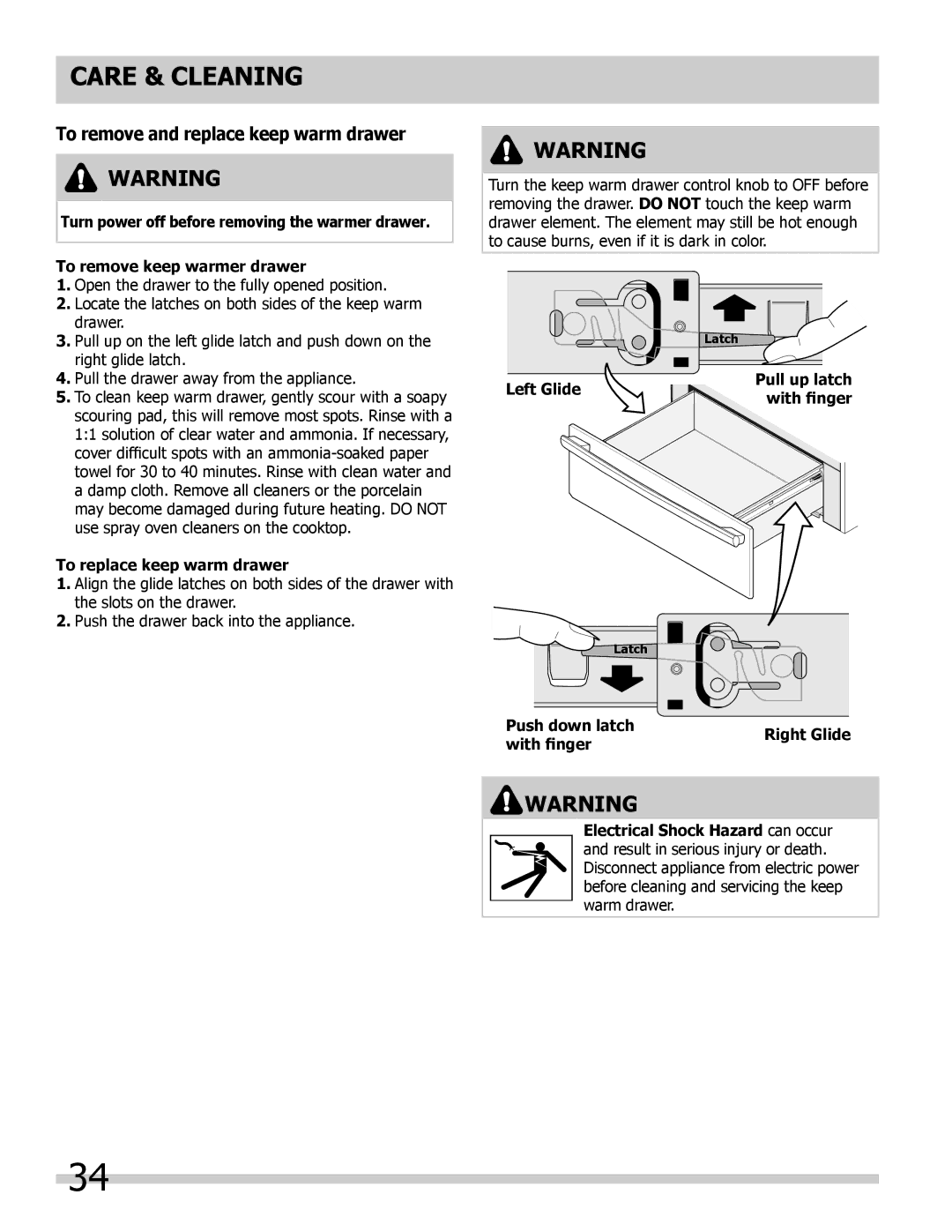 Frigidaire 318205854 manual To remove and replace keep warm drawer, To replace keep warm drawer, Left Glide 