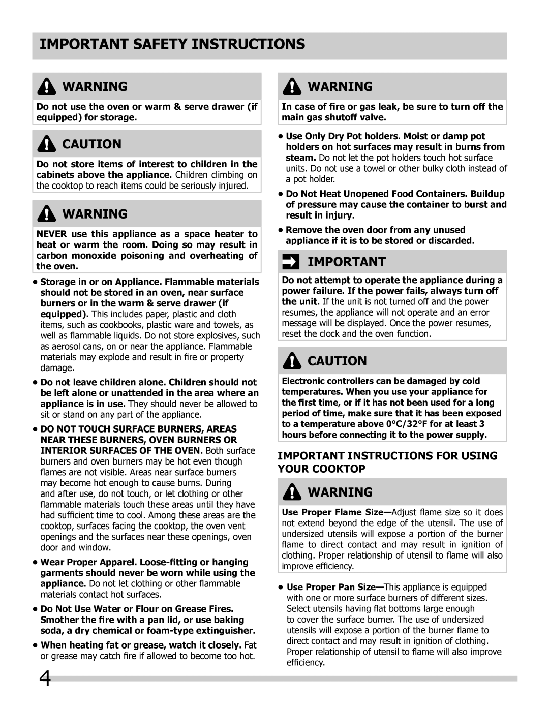 Frigidaire 318205854 manual Important Instructions for Using Your cooktop 