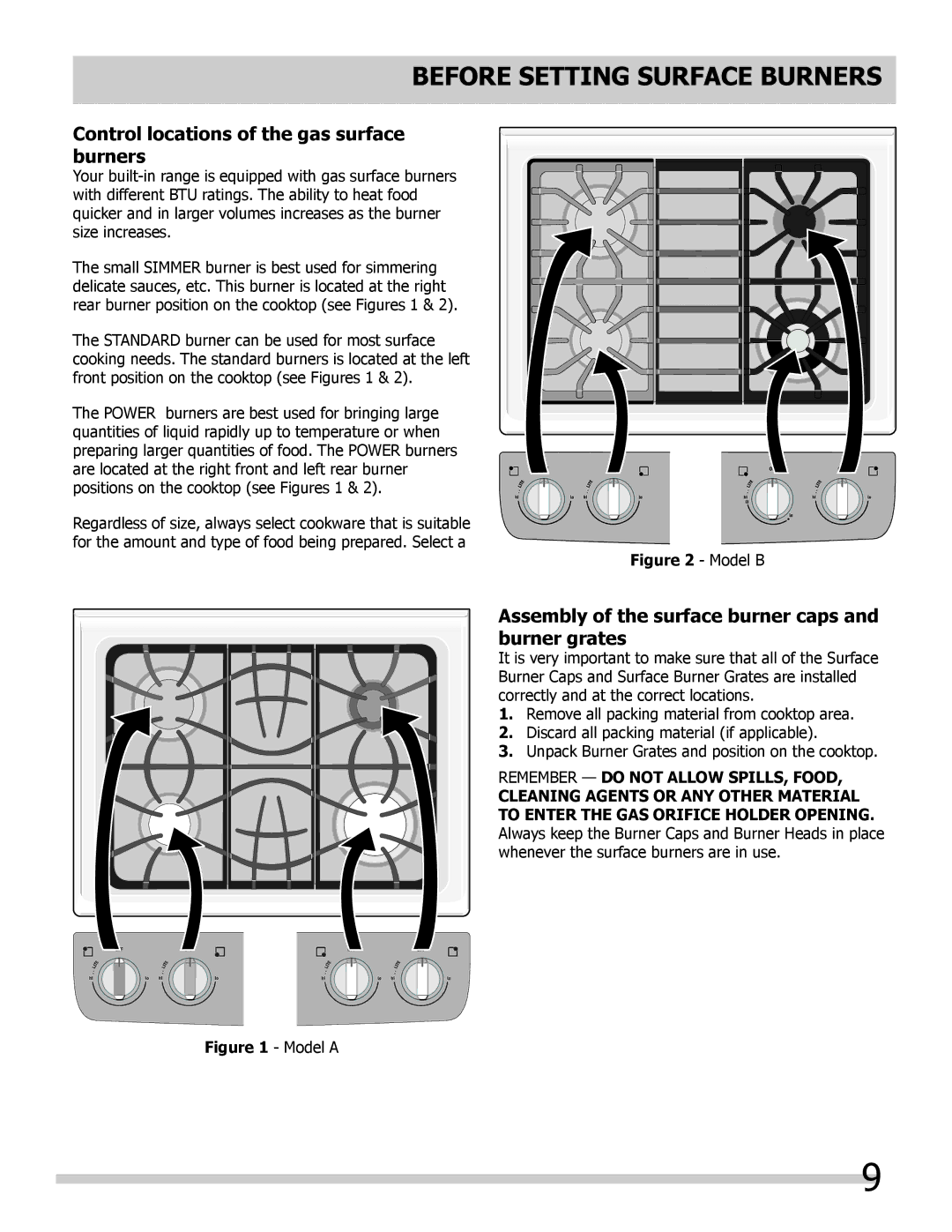 Frigidaire 318205854 manual Before setting surface burners, Control locations of the gas surface burners 