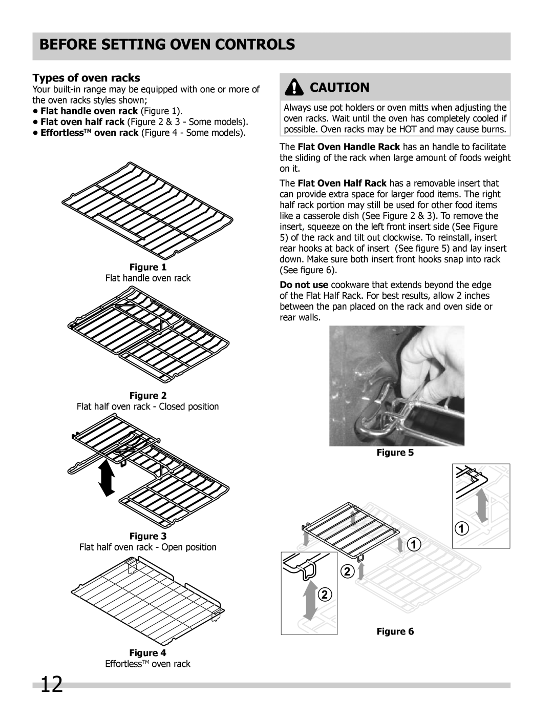 Frigidaire 318205854 manual Types of oven racks, Flat handle oven rack Figure, Before Setting Oven Controls 
