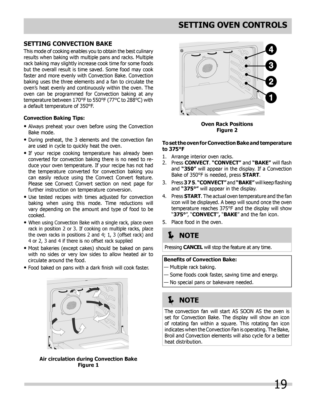 Frigidaire 318205854 manual Setting Convection Bake, Convection Baking Tips, Air circulation during Convection Bake,  Note 