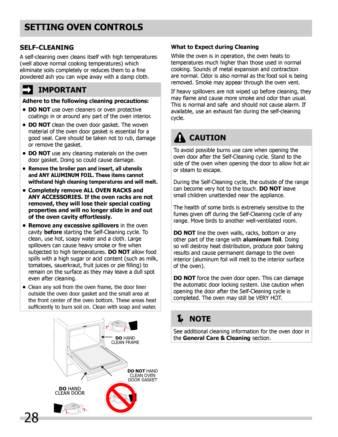 Frigidaire 318205854 Self-cleaning, Adhere to the following cleaning precautions, What to Expect during Cleaning,  Note 