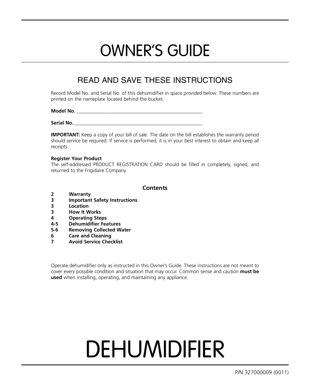 Frigidaire 327000009 warranty OWNER’S Guide, Contents 