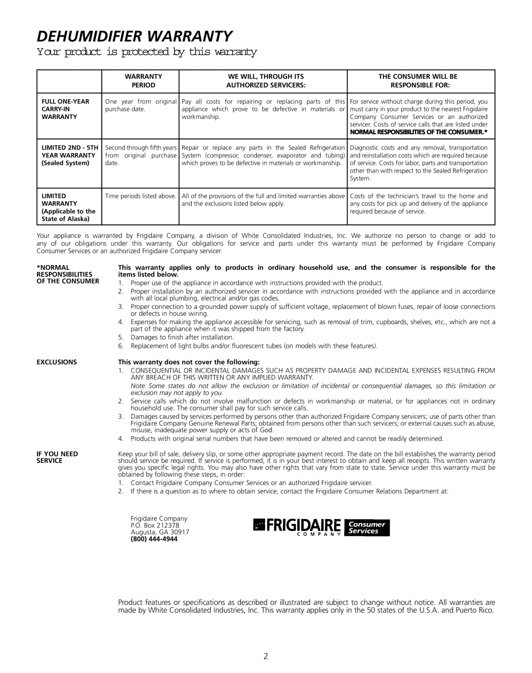 Frigidaire 327000009 warranty Dehumidifier Warranty 