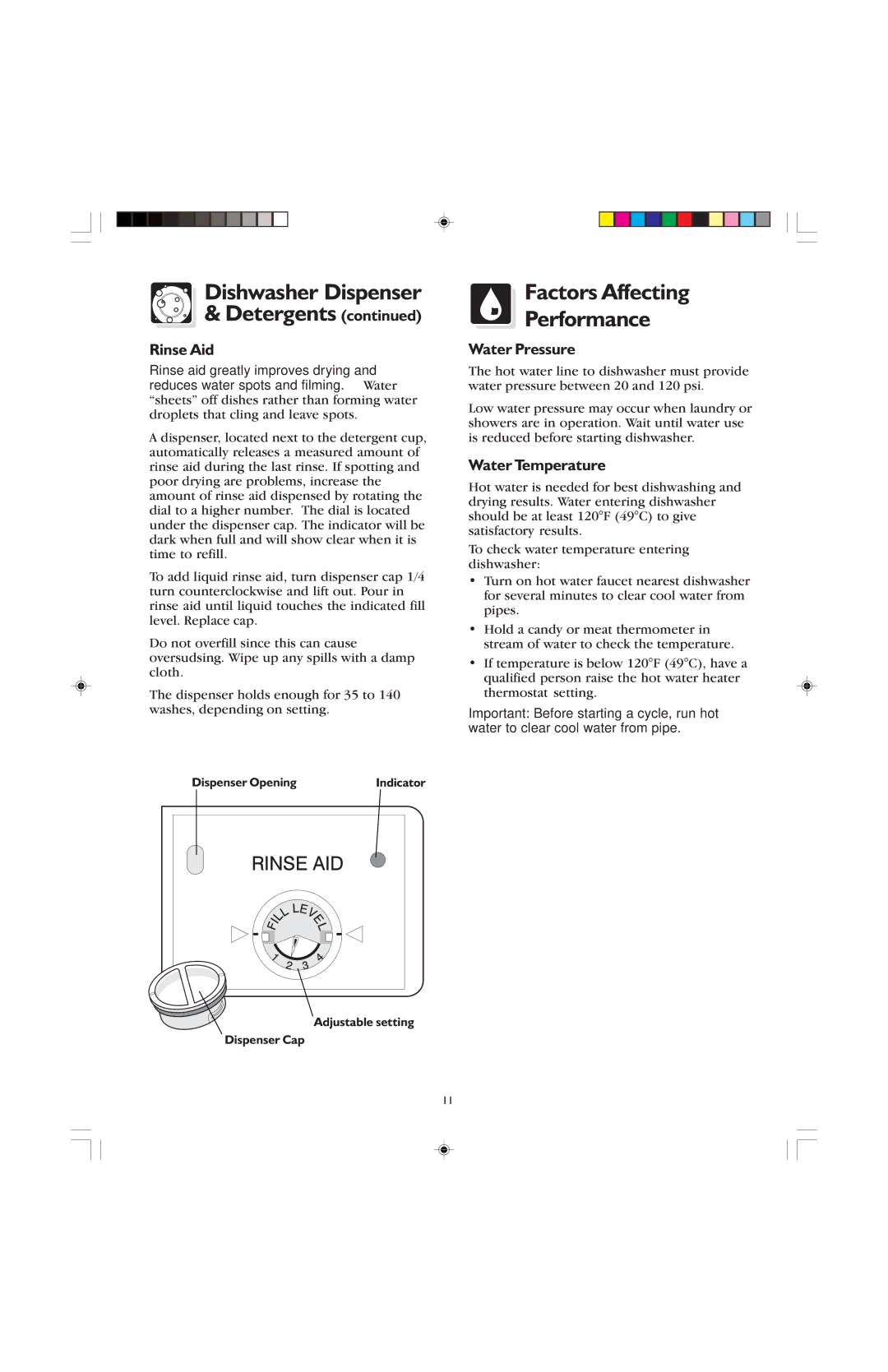 Frigidaire 100, 400 warranty Factors Affecting Performance, Rinse Aid, Water Pressure, Water Temperature 