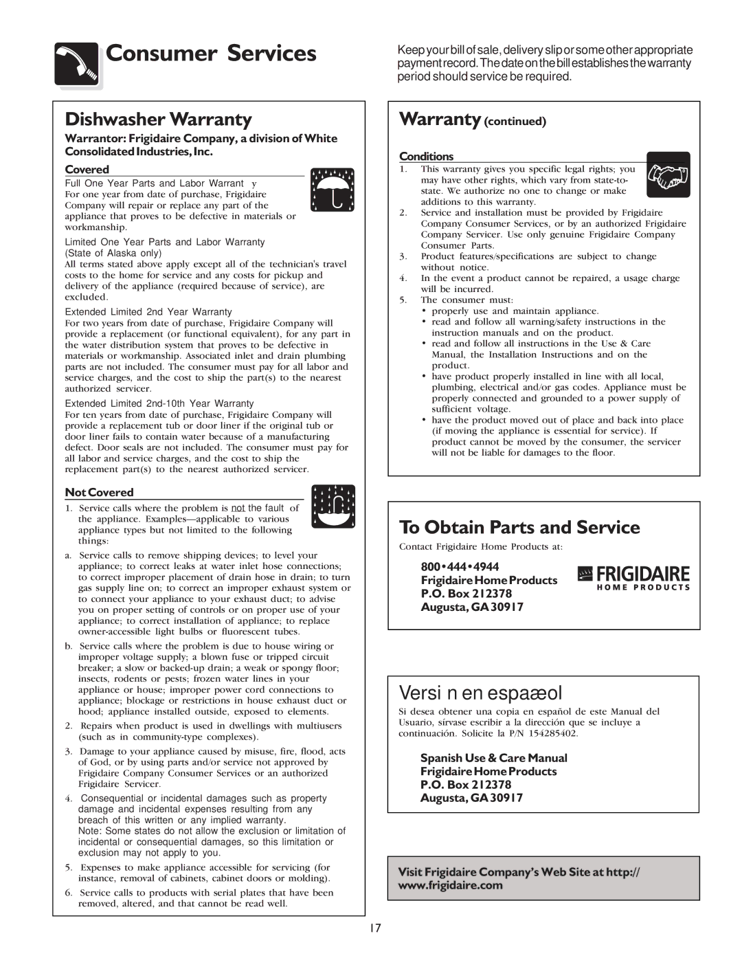 Frigidaire 100, 400 warranty Consumer Services, Dishwasher Warranty 