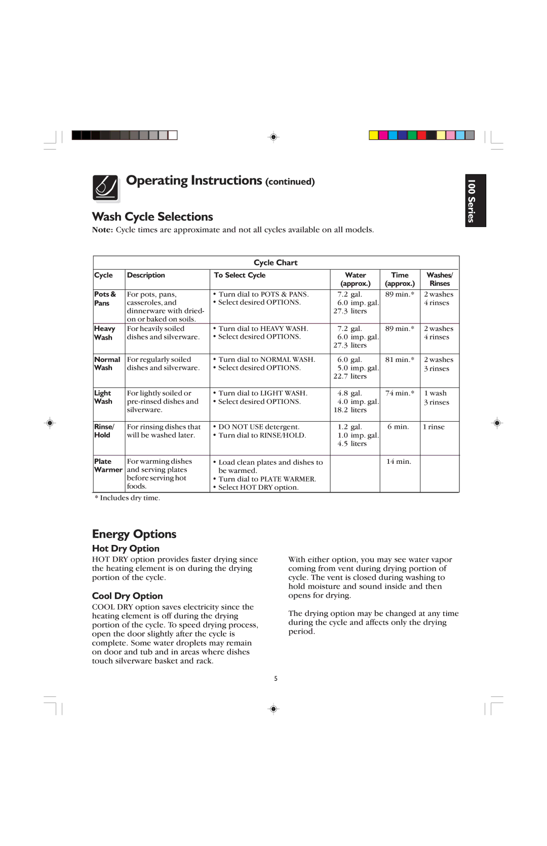 Frigidaire 100, 400 warranty Wash Cycle Selections, Energy Options, Hot Dry Option, Cool Dry Option 