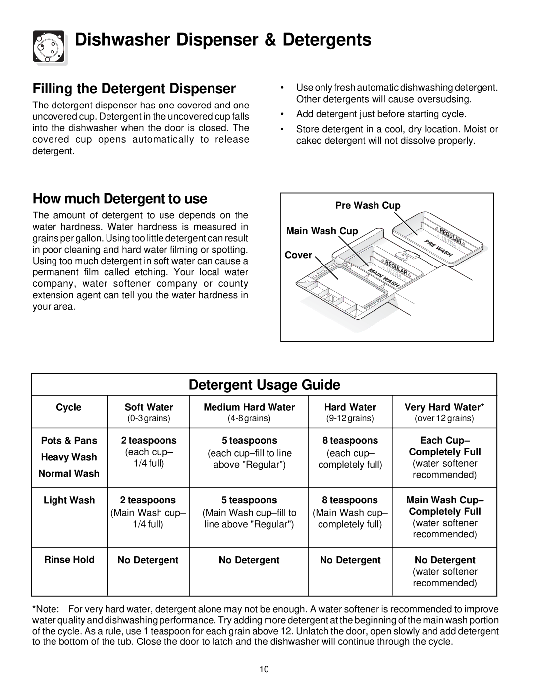 Frigidaire 400 Series warranty Dishwasher Dispenser & Detergents, Filling the Detergent Dispenser 