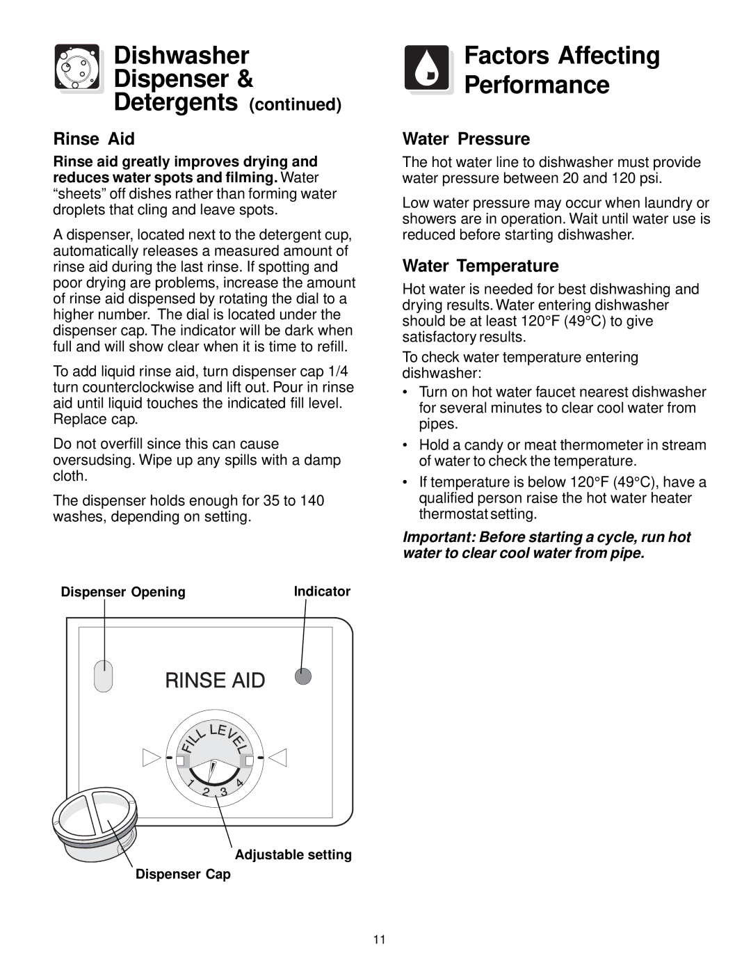 Frigidaire 400 Series warranty Dishwasher Dispenser Detergents, Factors Affecting Performance, Rinse Aid, Water Pressure 