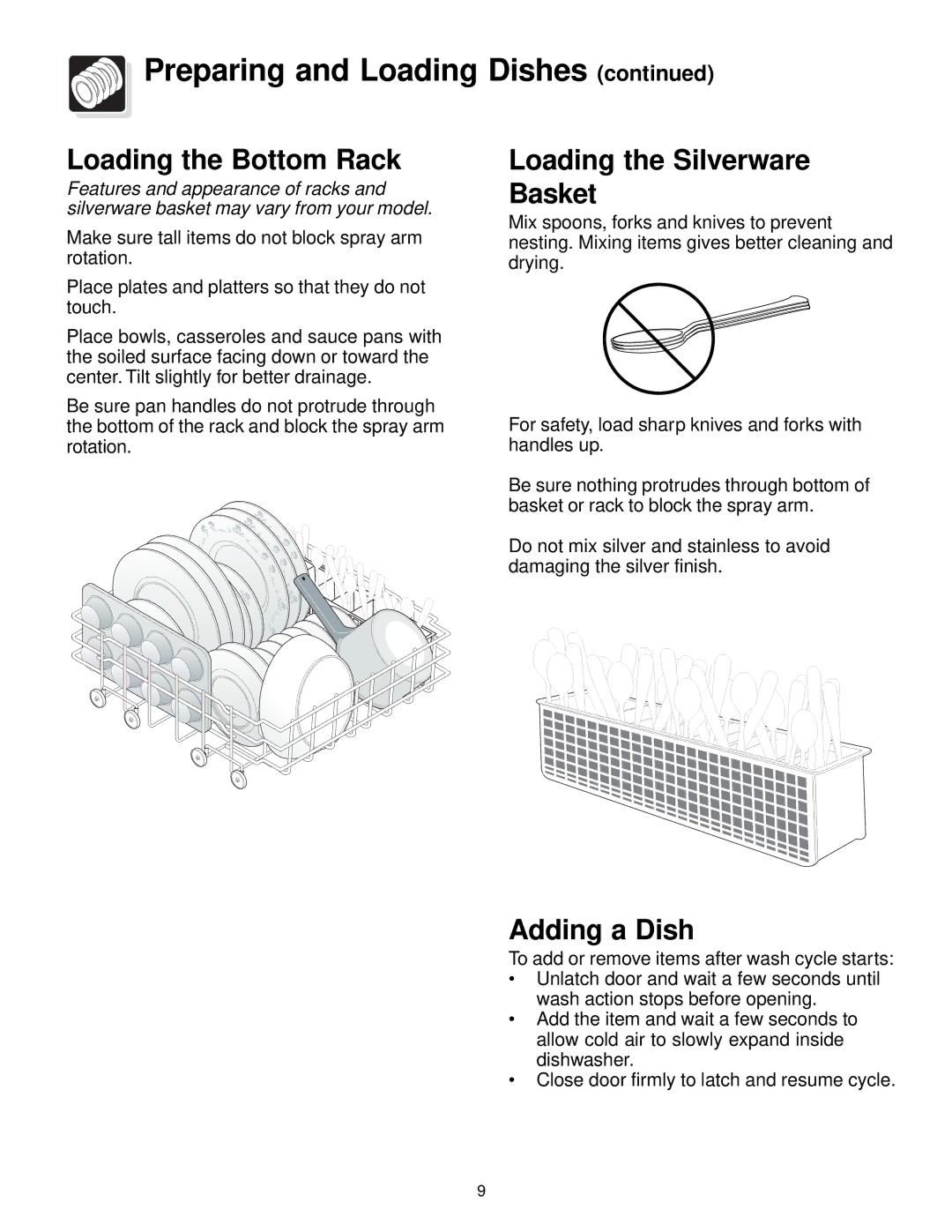 Frigidaire 400 Series warranty Loading the Bottom Rack, Loading the Silverware Basket, Adding a Dish 