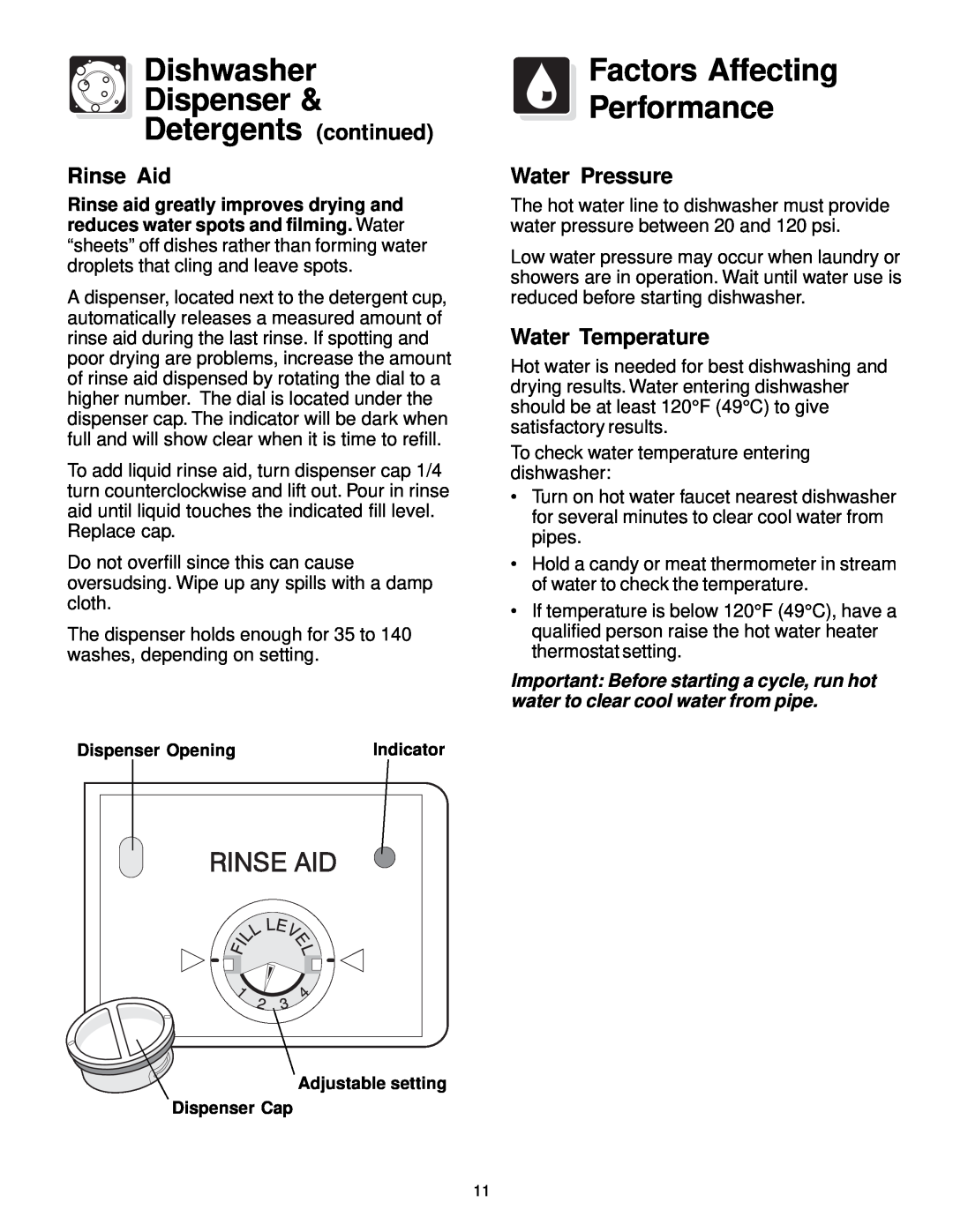 Frigidaire 400 Series Dishwasher Dispenser Detergents continued, Factors Affecting Performance, Rinse Aid, Water Pressure 