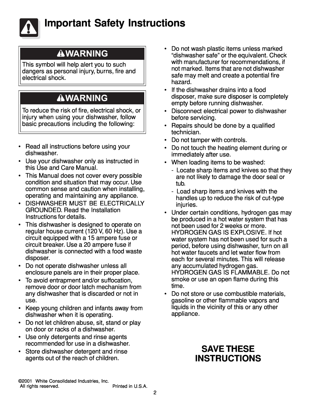 Frigidaire 400 Series warranty Important Safety Instructions, Save These Instructions 