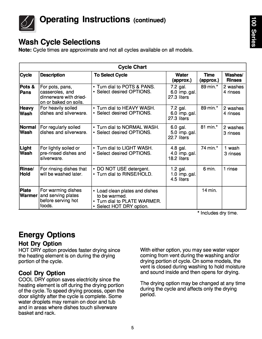 Frigidaire 400 Series warranty Operating Instructions continued, Wash Cycle Selections, Energy Options, Cycle Chart 