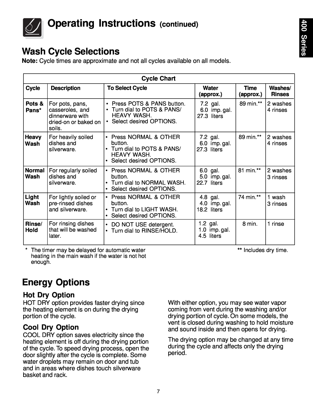 Frigidaire 400 Series warranty Operating Instructions continued, Wash Cycle Selections, Energy Options, Cycle Chart 