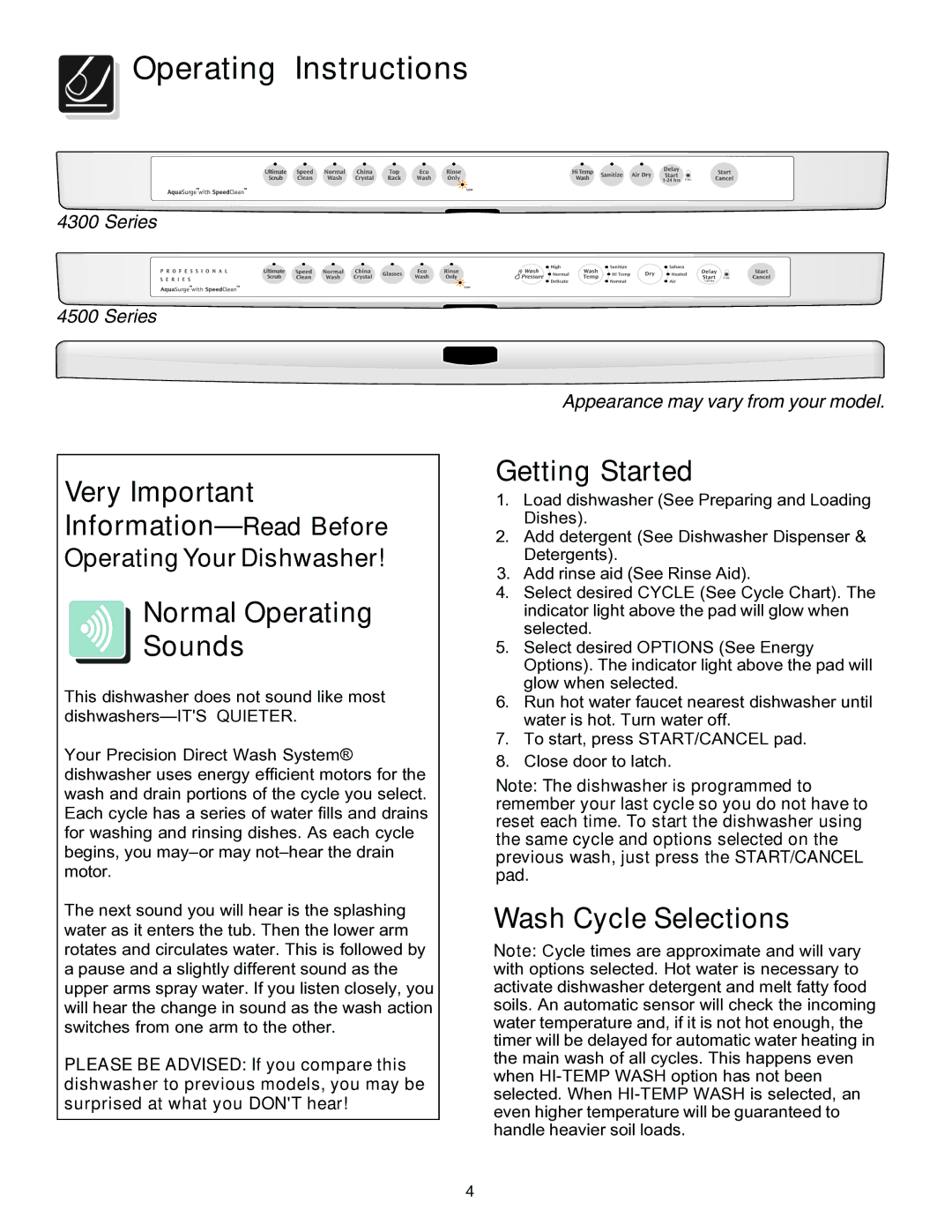 Frigidaire 4000 Operating Instructions, Very Important Information-Read Before, Normal Operating Sounds, Getting Started 