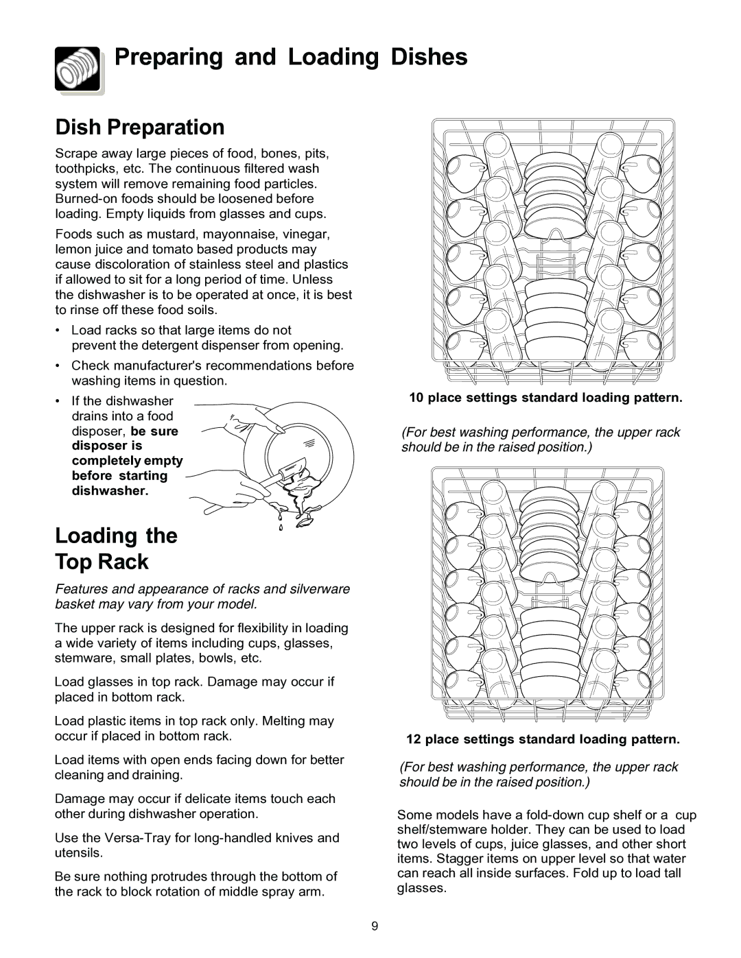 Frigidaire 4000 warranty Preparing and Loading Dishes, Dish Preparation, Loading Top Rack 