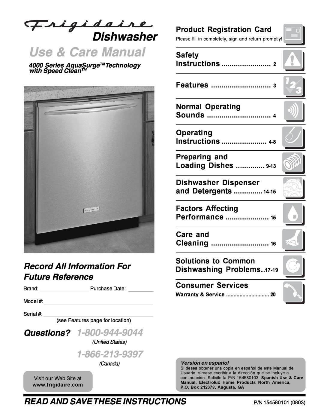 Frigidaire 4000 warranty Product Registration Card, Safety, Normal Operating, Preparing and, Loading Dishes, Care and 
