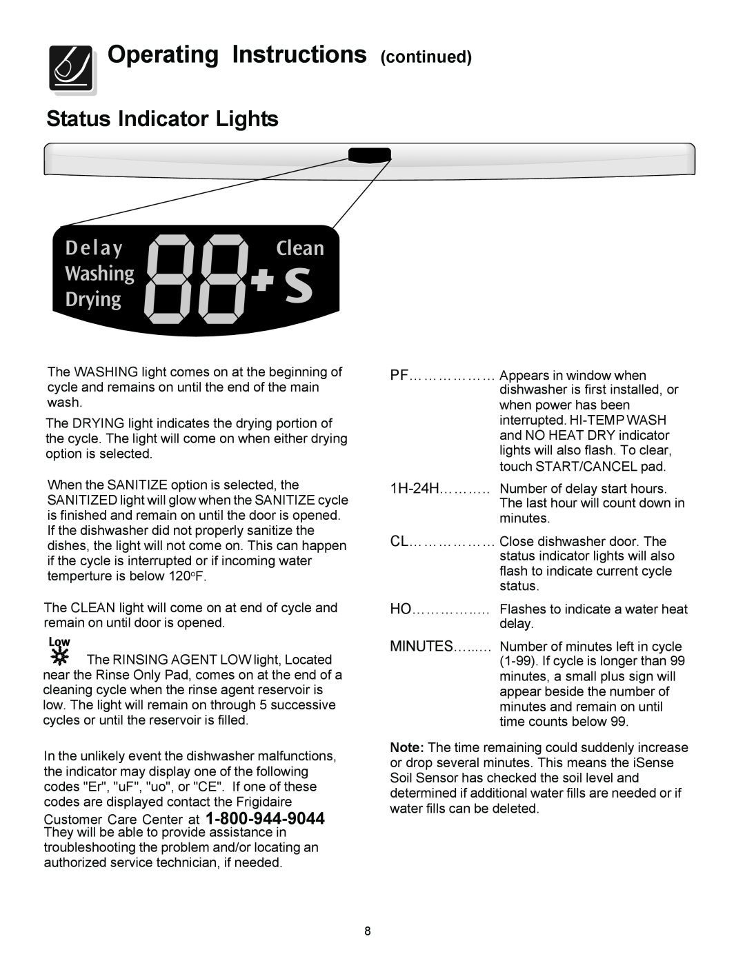 Frigidaire 4000 warranty Status Indicator Lights, Operating Instructions continued 