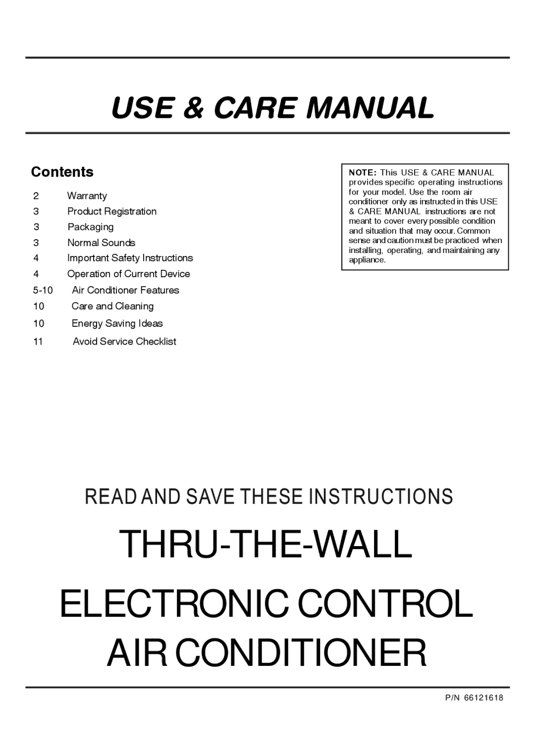 Frigidaire 5-10 warranty THRU-THE-WALL Electronic Control AIR Conditioner 